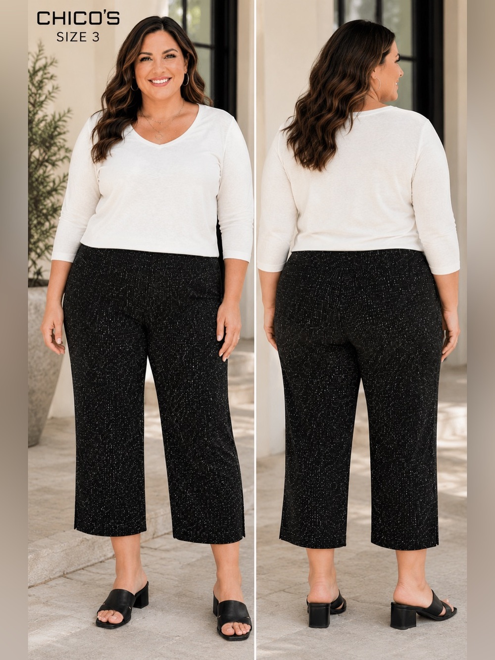 Chico’s travelers size 3 US 16 womens crop pants  Black Silver Speckled Pull On
